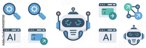 Smart browsing bot and automated search icons – Perfect for navigation tools, AI search engines, or digital interfaces.
