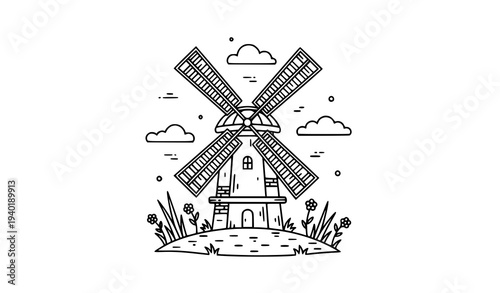 Traditional windmill with rural landscape black and white line art vector illustration isolated on white