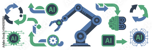 Self operating AI and mechanical arm icons – Great for robotics research, industrial design, or automation visuals.