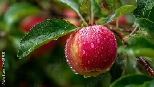 Juicy apples ripening naturally on branches in a backyard orchard.