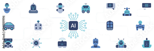 AI hub and connected robotic agent icons – Suitable for technical harmony, digital networking, or system design.