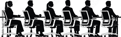 Business people sitting at conference table meeting corporate team discussion silhouette vector illustration