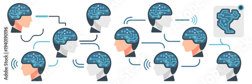 Intelligent AI agent avatars and brain network icons – Ideal for digital interfaces, neural networks, or tech branding.