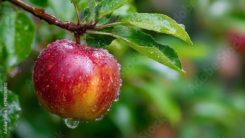 Close-up of red apples hanging from a branch in a peaceful garden.