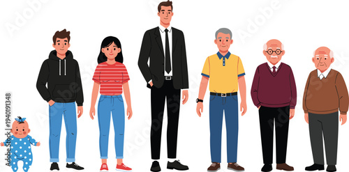 Human life stages from baby to elderly people aging process character vector illustration set
