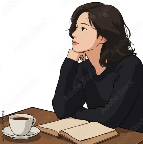 Woman, coffee, and opened book