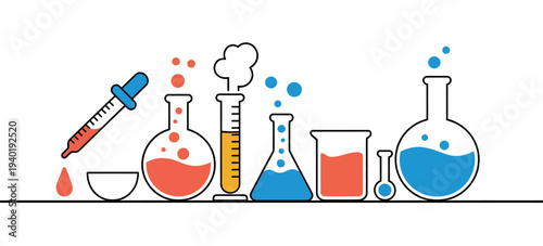 Colourful Chemical Flasks Vector Illustration in Doodle Style for Science, Chemistry, Education and Laboratory Design
