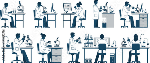 Scientists working in laboratory with microscopes experiments and research equipment medical science vector illustration set