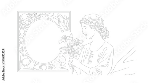 Elegant Woman Admiring Flowers in Ornate Frame.