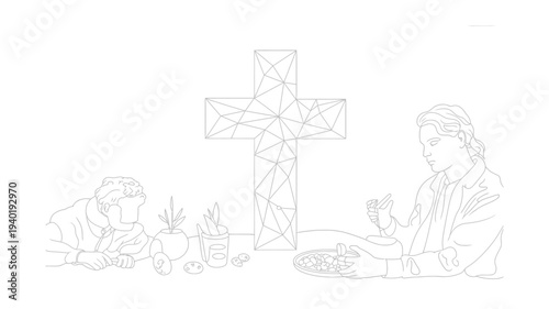 Jesus Christ praying at the cross with angels.