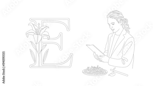 Elegant Letter E with Lily and Woman Reading Tablet.