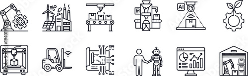 Industrial Automation and Manufacturing Line Icons Set – Factory Production, Robotics, Warehouse and Engineering Outline Vector Icons