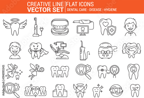 Dental care and hygiene flat icons vector set with teeth and mouth illustrations for health and wellness concepts  dental icons