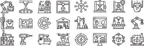 Industrial icons set with various manufacturing and technology symbols including robots and machines and industrial buildings and gears and graphs on screens  industrial concepts
