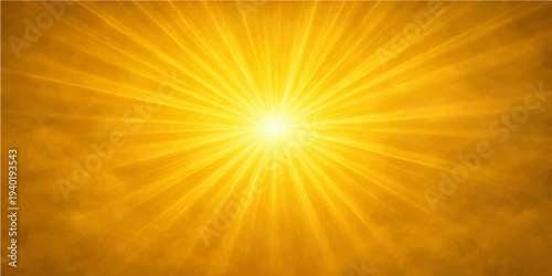 Abstract vector illustration of a bright summer sunburst background with warm orange and yellow glowing rays exploding from a shining sun in a hot sunny sky