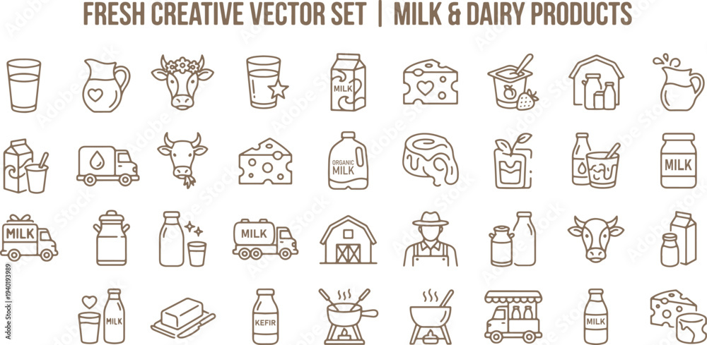 Ταπετσαρία Milk and dairy products icons set including milk bottles and glasses cheese cows