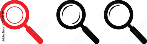Three magnifying glasses in red and black on a white background for search and investigation