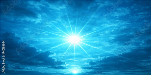 Bright blue sky with sun rays and white clouds creating a sunny summer day background with natural light flare and a bright glow over the sea
