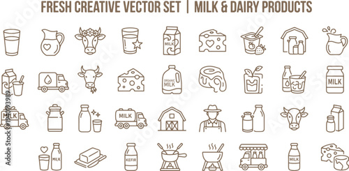 Milk and dairy products icons set including milk bottles and glasses cheese cows and trucks with milk cartons line style  various dairy products and symbols in a single illustration