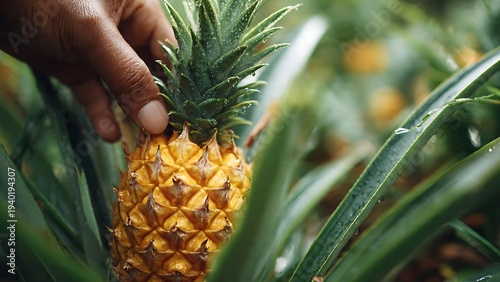 Close-up of a ripe pineapple forming at the center of green leaves.