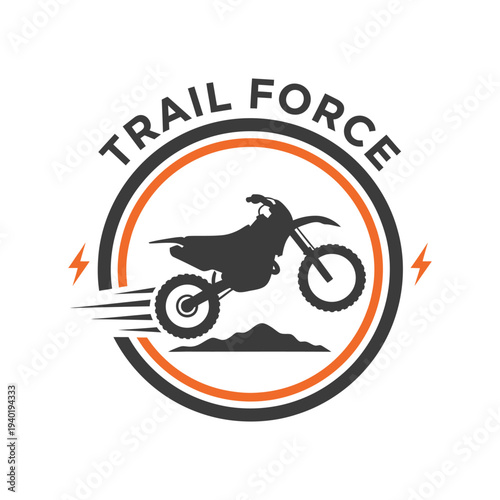 A dynamic logo featuring a black silhouette of a dirt bike jumping over a mound, encircled by an orange and black ring with 'TRAIL FORCE' text above, flanked by lightning bolts.