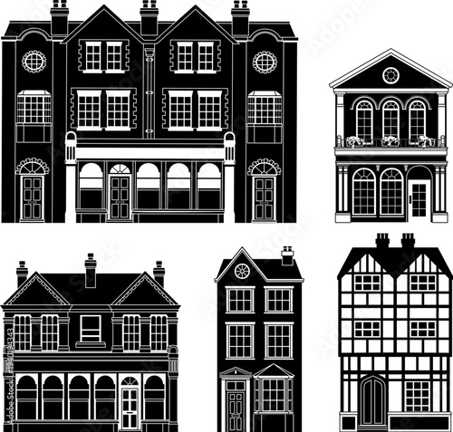 Victorian silhouette house building set with old English houses and buildings. Georgian mansion and manor style homes set. Vintage British architecture facade illustrations for backgrounds set.