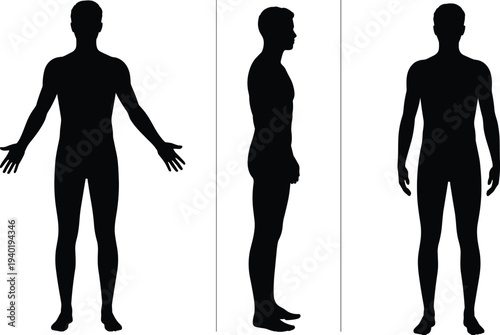 Male body silhouette set featuring front back and side views for medical anatomical charts fitness progress and apparel design templates