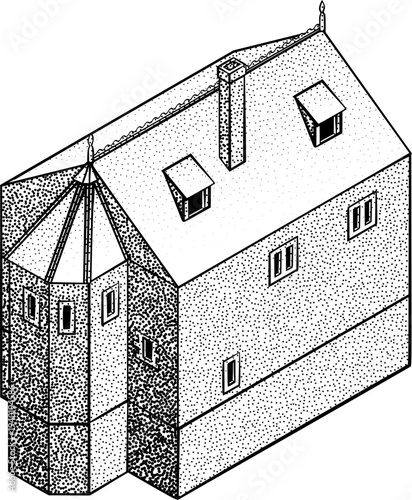 A medieval building map icon isometric illustration in a vintage retro engraved woodcut dots etching style