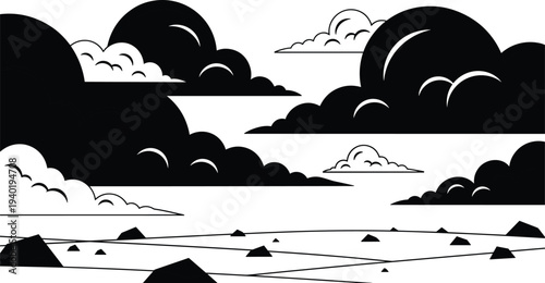 Whimsical Vector Illustration of a Girl Floating in the Clouds Holding a Large Heart Shaped Balloon for Romantic, Dreamy, and Greeting Card Designs