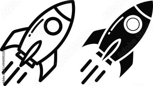 Two cartoon rockets blasting off into space in black and white