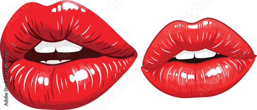 Vibrant red lips with shiny lipstick and white teeth