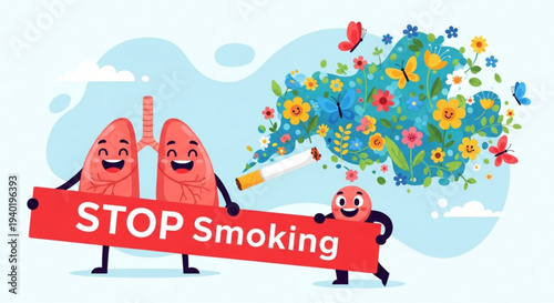 Smiling cartoon lungs and person hold stop smoking sign with flowers and butterflies emerging from cigarette smoke