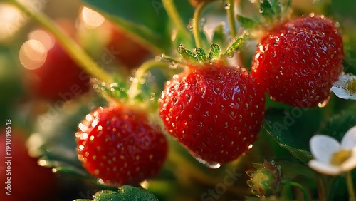 Organic strawberries growing in a healthy garden environment.