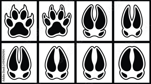 Collection of animal paw and hoof prints in black and white vector illustrations for wildlife and nature themes