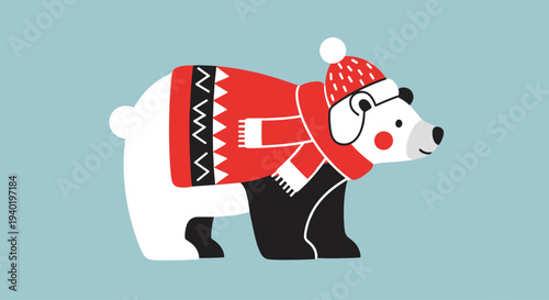 Polar Bear Wearing Winter Clothes and Hat.