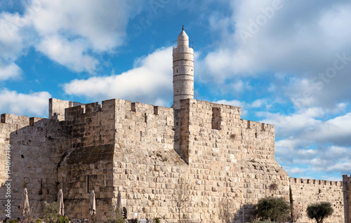 Tower of David in Jerusalem, Israel, photographed in 2026 under a clear blue sky. The ancient citadel and historic stone walls stand prominently, highlighting one of the most famous landmarks 