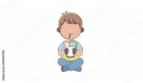 boy, kid, child, milk, straw, drink, drinking, dairy, nutrition, healthy, beverage, childhood, kids, cartoon, cute, character, happy, smile, lifestyle, health, food, illustration, vector, flat, colorf