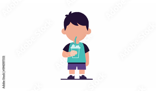 Happy little boy drinking milk with straw flat vector character healthy kids lifestyle concept