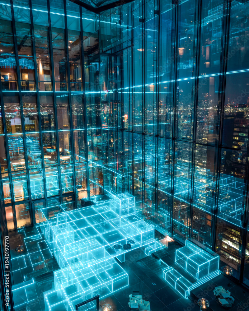 Fototapeta premium Vibrant night cityscape with glowing illuminated cube among tall modern skyscrapers and lights