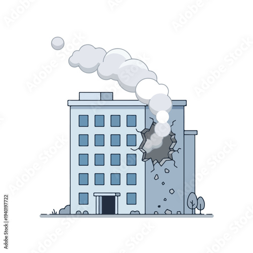 vector flat of a damaged building burned by a missile attack 007