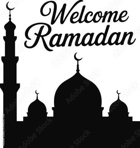 Welcome Ramadan greeting text with mosque silhouette and crescent moon minaret isolated on white background for Islamic holy month celebration,