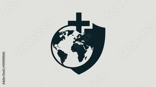 Global health protection symbol with shield and cross over earth map