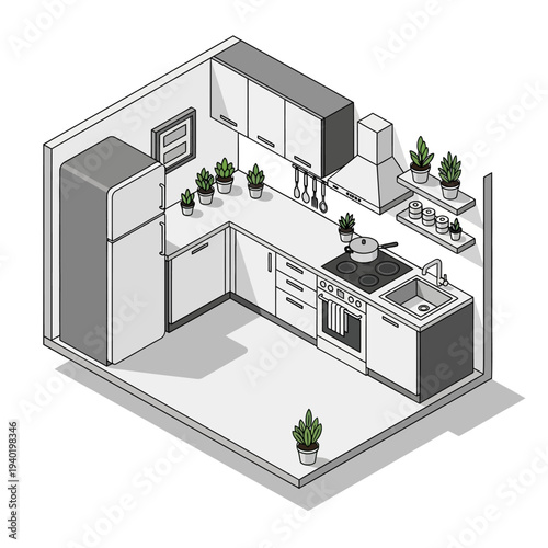 Modern Minimalist Kitchen Interior Design with Appliances and Greenery.
