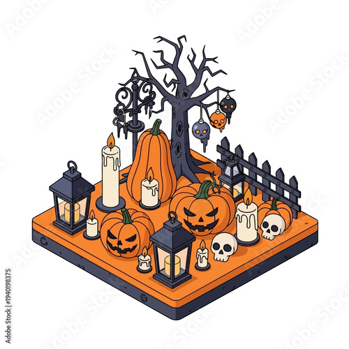 Halloween themed isometric illustration with pumpkins and candles.