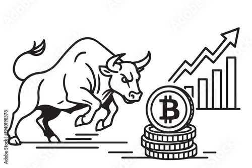 Vector concept of a bullish crypto market featuring a strong bull, rising chart lines, and the Bitcoin logo, symbolizing growth, momentum, and positive digital currency trends.