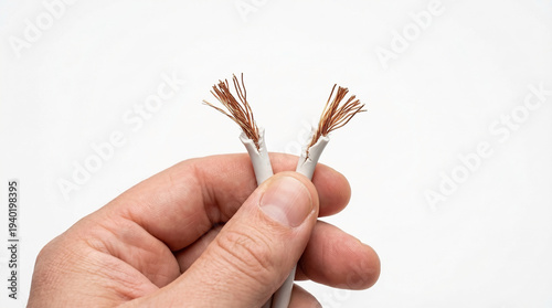 Hand holding stripped electrical wires for connection or repair