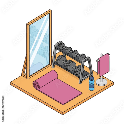 Isometric view of a home gym with fitness equipment and accessories.
