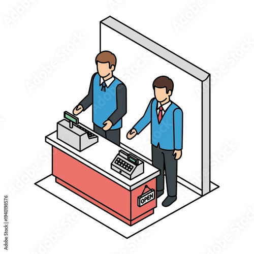Illustration of two men at a retail checkout counter.