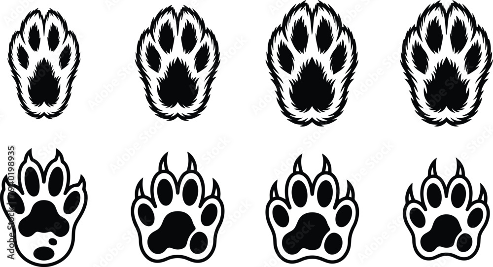 Fototapeta premium Set of stylized animal paw prints illustrations in various designs and sizes for logos or graphics
