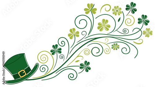 Vector Border for St Patrick's Day with copy space for text, horizontal template with illustration of shamrock leaves, leprechaun top hat, decorative flourishes for st patricks day on white background